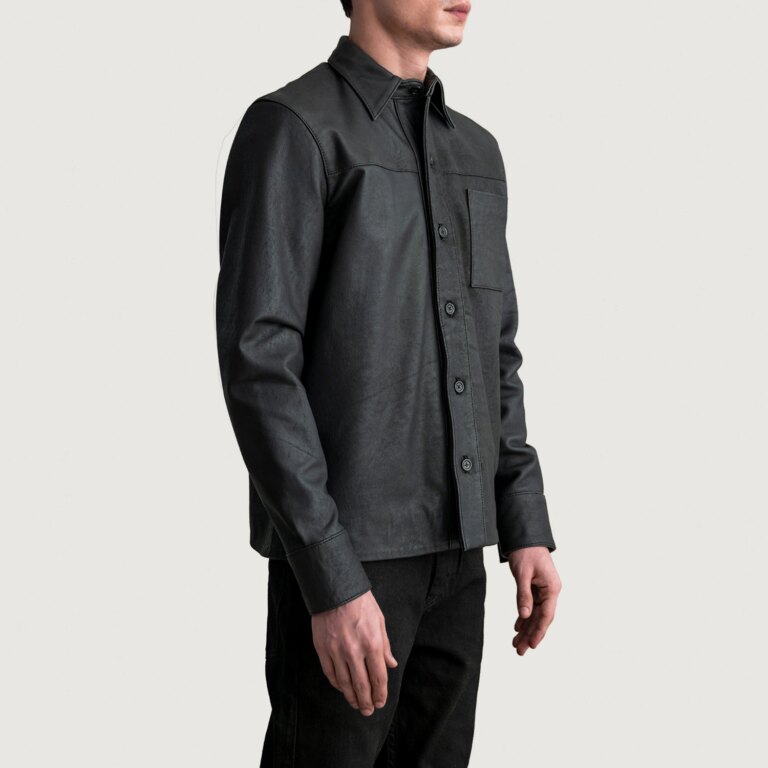 Mens Scout Tumbled Black Leather Shirt Side Pose-3-1724247255310